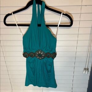 Sky Blue Embellished Halter Tank Top
